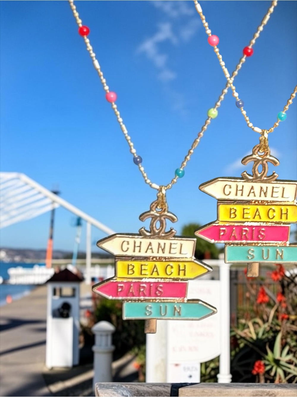 CHANEL- Multicolor Enamel Signpost Pendant Necklace - Gold Tone